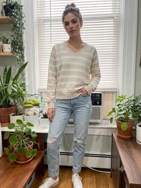 C&C California Beige and Cream Striped V-Neck Sweater
